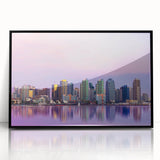 Large abstract wall art depicting the San Diego skyline in muted gray and blue tones, acrylic print in a black frame.
