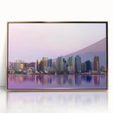 Mid-century modernist style San Diego skyline in muted gold tones on a framed acrylic, ideal for modern art wall decor.