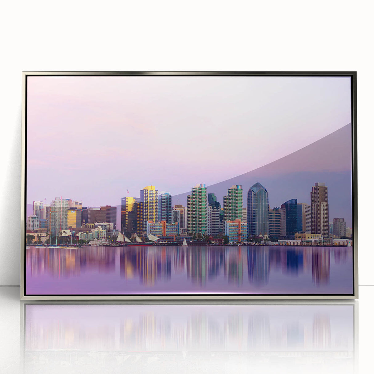 Mid-century modernist art depicting the San Diego skyline in muted blue and silver tones, acrylic print framed in silver.
