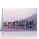 Acrylic print of San Diego skyline in art deco style, using muted gray and blue tones, ideal for modern bedroom ambiance.