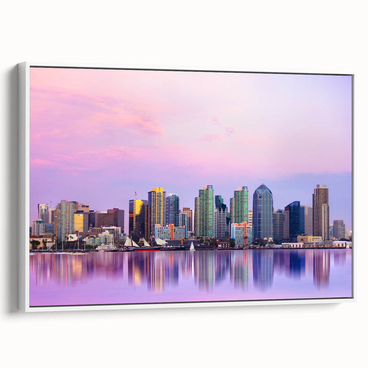 Vintage poster art of San Diego skyline in vibrant colors on a framed canvas, ideal for living room decor.