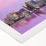 Art deco poster of San Diego skyline in pastel hues on rolled canvas, suitable for dining room wall art.