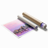 Extra large rolled print of San Diego scenery with floral accents in pastel colors, suitable for classy bathroom wall art.