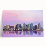 Black and white photo of San Diego skyline on large stretched canvas, ideal for kitchen wall art.
