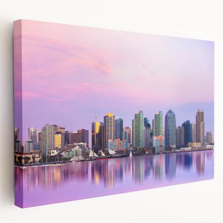 San Diego skyline on stretched canvas in muted blue and gray tones, ideal for kitchen wall art.
