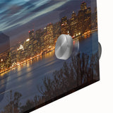 Large abstract depiction of San Francisco skyline in muted earth tones on acrylic glass, ideal for dining room art.
