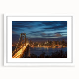 Abstract art print of San Francisco skyline in muted blue and gray tones on a framed white mat, ideal for dining room decor.