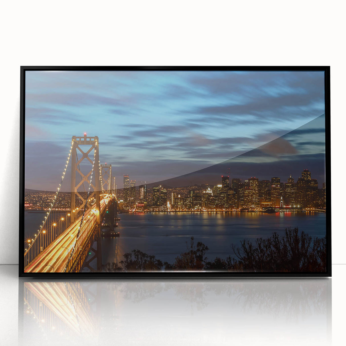 Large abstract wall art depicting the San Francisco skyline in black and white tones on a framed acrylic panel.