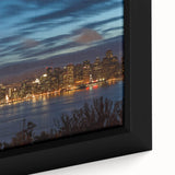 Extra large framed canvas featuring a textured portrayal of the San Francisco skyline in black with colorful highlights.