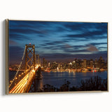 Framed canvas of San Francisco landscape in vintage poster style, with black and gold tones, ideal for bedroom wall art.