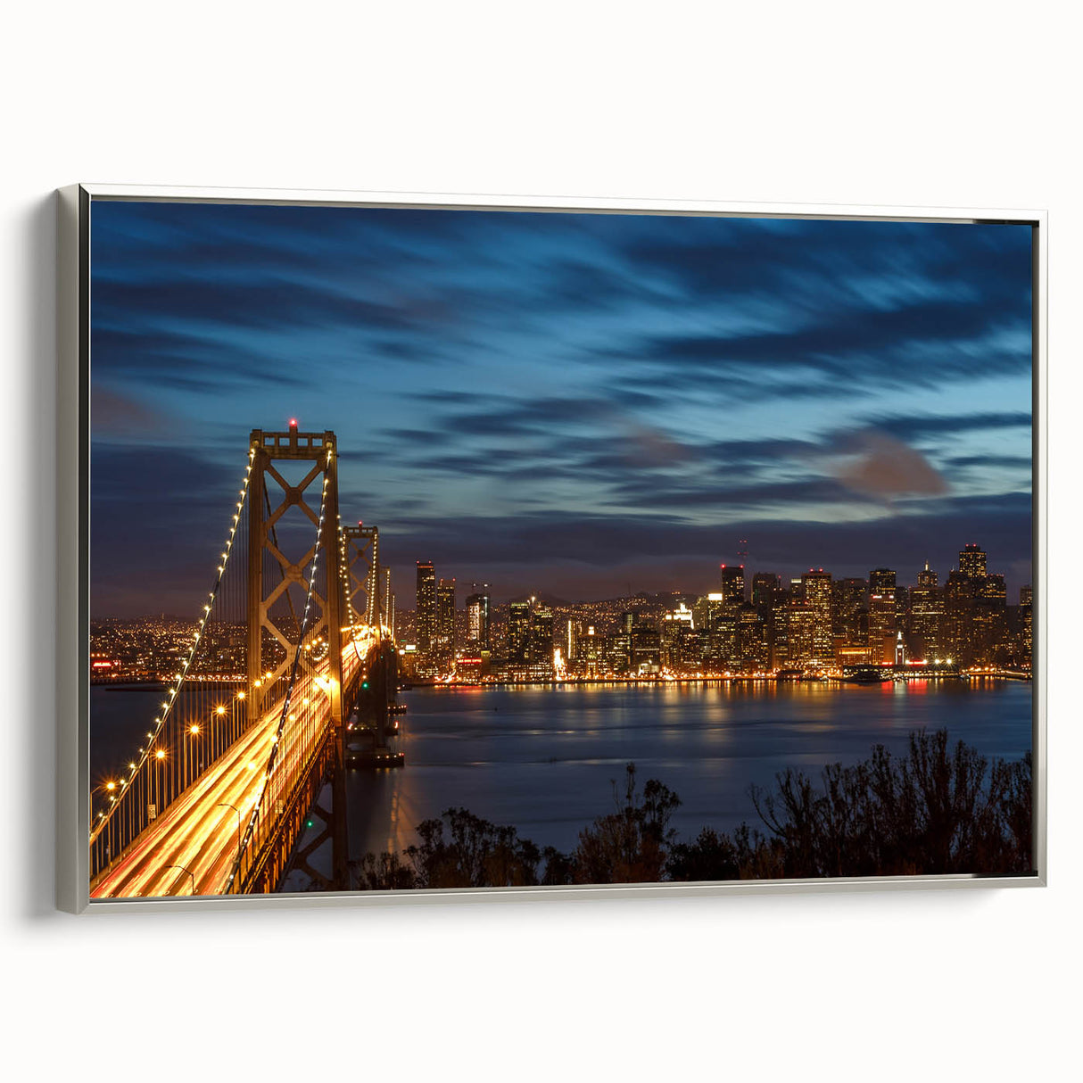 Framed canvas of a vintage-style San Francisco landscape in colorful tones, ideal for office decor.