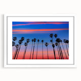Abstract art print of Santa Barbara scenery in muted green and blue tones on a white-framed canvas.
