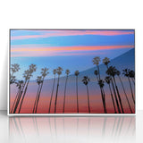 Framed acrylic print of Santa Barbara scenery in art deco style, featuring soft pastel colors, ideal for nursery wall art.