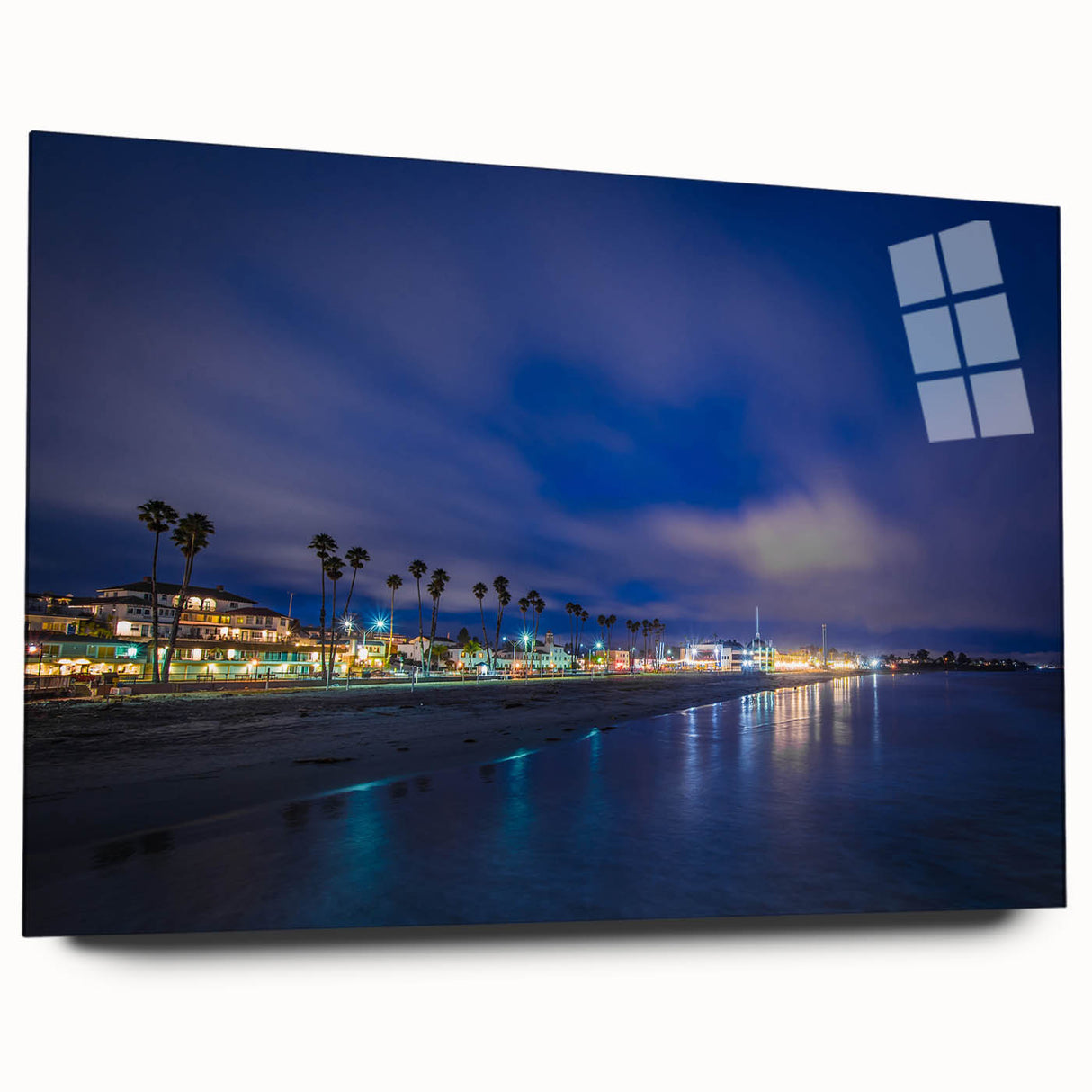 Large abstract wall art of Santa Cruz landscape in muted blues and greens on acrylic glass.