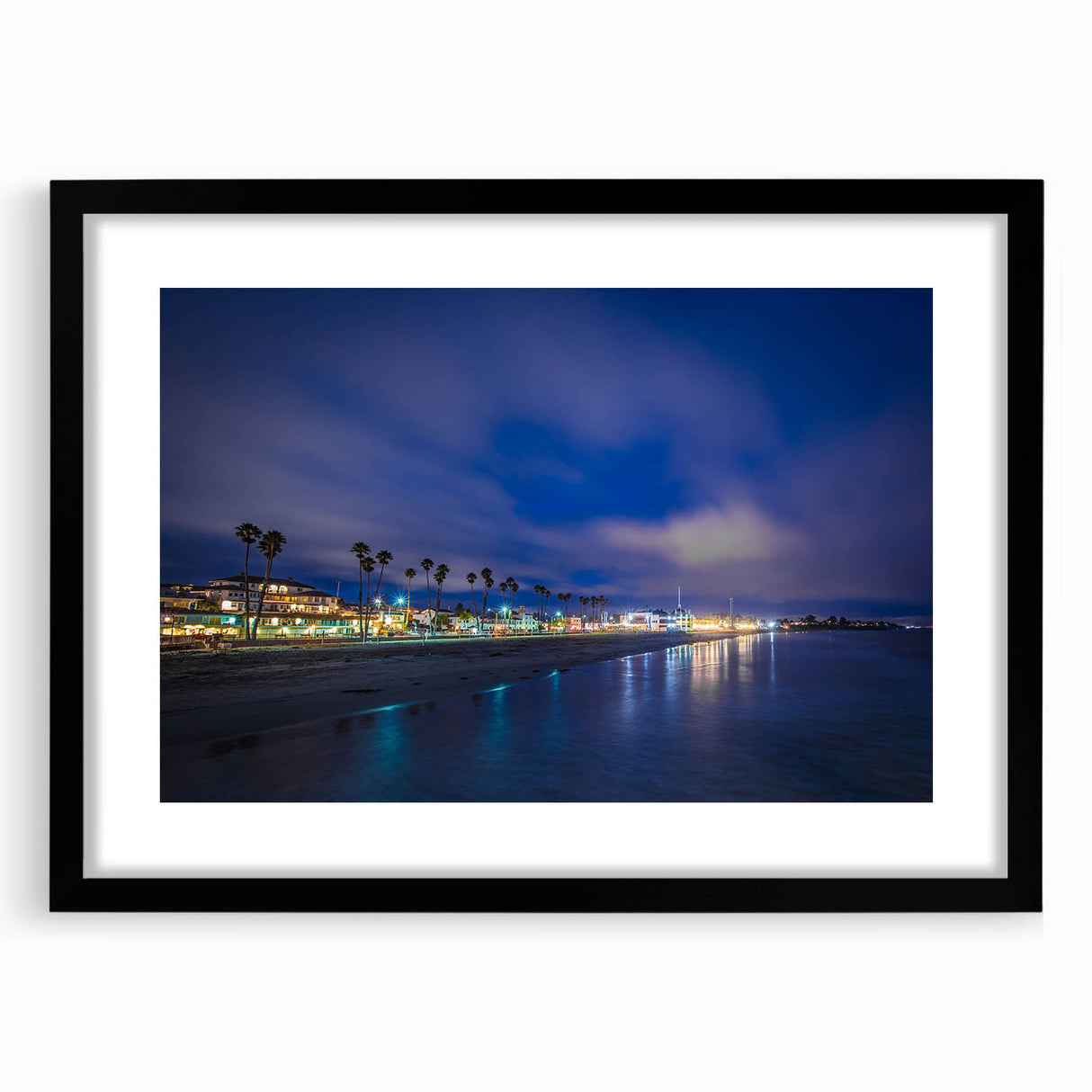 Colorful abstract art print of Santa Cruz scenery in a black frame, ideal for extra large living room wall art.
