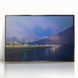 Large art print of Santa Cruz scenery in mid-century modernist style, framed in gold acrylic.