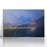 Art deco poster of Santa Cruz with pastel hues, framed in white acrylic, suitable for modern art wall decor in a nursery.