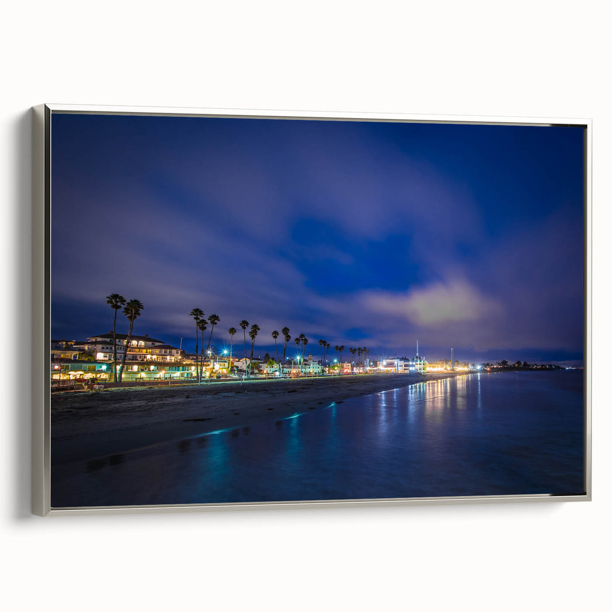 Framed canvas of vintage-style landscape art painting featuring the Santa Cruz coastline in muted blue and gray tones.