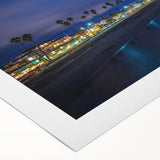 Art deco poster of Santa Cruz with muted blue and beige tones on rolled canvas, suitable for dining room wall art.