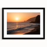Abstract art print of Santa Monica scenery in vibrant colors on a black-framed, matted canvas, ideal for living room decor.
