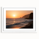 Abstract art print of Santa Monica in muted blue and green tones on a framed white mat.