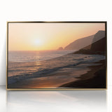 Framed acrylic print of Santa Monica scenery in gold tones, ideal for modern art wall decor.