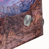 Large abstract depiction of the Sierra Nevada in muted earth tones on acrylic glass, ideal for dining room art.