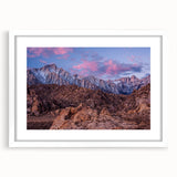Abstract art print of Sierra Nevada landscape in muted earth tones on a white framed canvas, suitable for dining room decor.