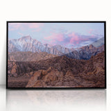 Large abstract wall art depicting the Sierra Nevada in muted earth tones, framed in black acrylic, suitable for modern decor.