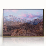 Large art print of Sierra Nevada scenery in mid-century modernist style, framed in acrylic with gold tones.