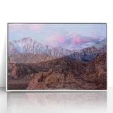 Acrylic print of the Sierra Nevada in muted earth tones, framed in white, suitable for modern art wall decor.