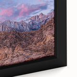 Extra large framed canvas of the Sierra Nevada in black with textured, colorful art accents, ideal for living room decor.