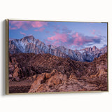 Framed canvas depicting the Sierra Nevada landscape in vintage poster style, with muted earth tones.