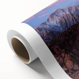 Art Deco style poster of Sierra Nevada landscape on rolled canvas, in muted earth tones, ideal for nursery wall art.