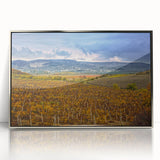 Mid-century modernist art of Sonoma, California landscape in muted earth tones on a silver-framed acrylic print.