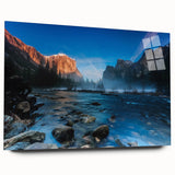 Large abstract depiction of Yosemite in muted earth tones on acrylic glass, suitable for bedroom or dining room decor.