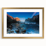 Extra large abstract art print of Yosemite scenery in gold frame, featuring textured brush strokes and earthy tones.