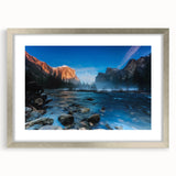 Abstract art print of Yosemite landscape in muted green and blue tones on a silver-framed canvas.