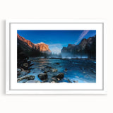 Textured art print of Yosemite landscape in muted earth tones on a framed canvas, ideal for bedroom decor.