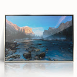 Mid-century modernist art of Yosemite landscape in muted earth tones on a framed acrylic print.