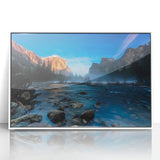 Acrylic print of Yosemite landscape in art deco style, featuring muted earth tones, ideal for modern art wall decor.