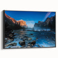 Black and white framed canvas of Yosemite landscape, ideal for bedroom wall art.