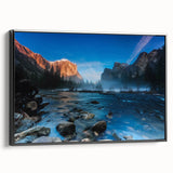 Black and white framed canvas of Yosemite landscape, ideal for bedroom wall art.