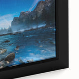 Extra large framed canvas of Yosemite scenery in black with colorful, textured art details, ideal for living room decor.