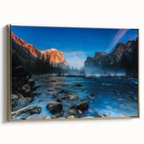 Framed canvas of Yosemite landscape in muted earth tones, ideal for bedroom wall art.
