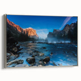 Framed canvas landscape art painting of Yosemite with colorful hues, ideal for living room decor.