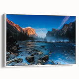 Vintage poster art of Yosemite scenery, featuring a vibrant color palette on a white-framed canvas.