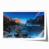 Yosemite landscape on rolled print, featuring expansive forest and cliff views in natural green and brown tones.