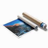 Yosemite National Park landscape on rolled print featuring towering cliffs and verdant valleys.