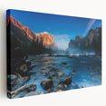 Yosemite National Park landscape on large stretched canvas, showcasing towering cliffs in earth tones.